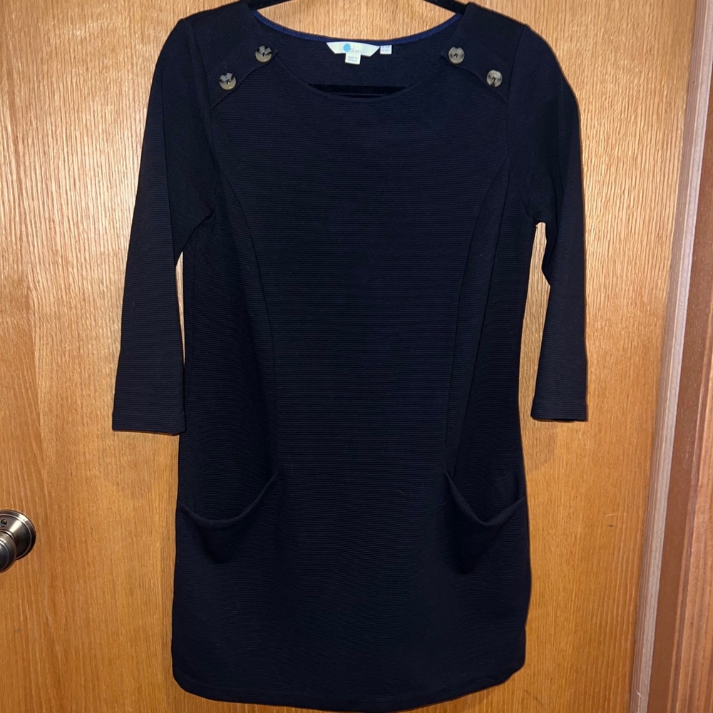 Boden Shift Dress Womens 8R Navy Blue Ottoman Ribbed Knit Button Shoulder Pocket